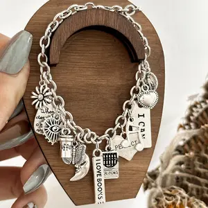 Women's Vintage Silver Charm Bracelet - Adjustable O-Link Cable Chain Wristband with 12 Storyteller Charms (Book, Music Note, Inspirational Heart) Costume Jewelry Gift functional
