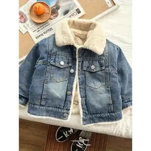 Girls' & Boys' Heavy-Duty Winter Denim Jacket with White Faux Collar & Button-Front Coat - Loose-Fit Warm Blue Jeans Outerwear for & Kids (No Belt, Hand Washable) - Cold Weather Play Clothes