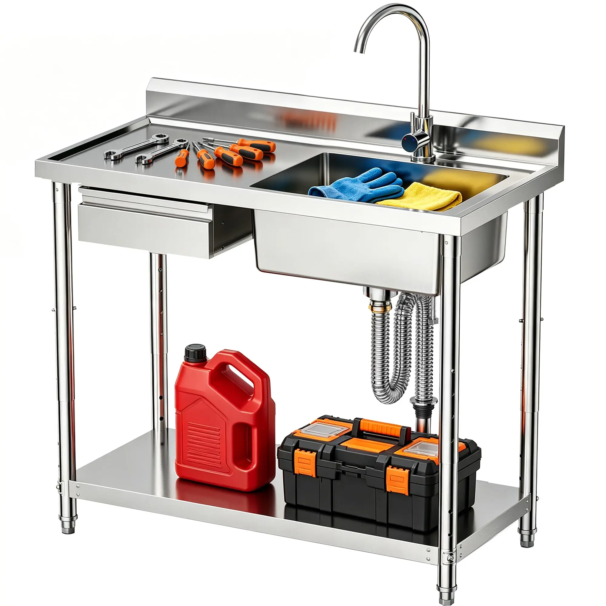 【Summer Sale】CAMMOO 4-Height Adjustable 39" Utility Sink 18/8 Stainless Steel, 400lb Capacity & Storage Drawer, Heavy-Duty Freestanding Laundry Sink Workstation for Garage, Kitchen, RV, Basement campingessentials
