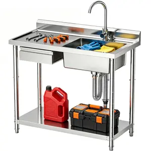 CAMMOO 4-Height Adjustable 39" Utility Sink 18/8 Stainless Steel, 400lb Capacity & Storage Drawer, Heavy-Duty Freestanding Laundry Sink Workstation for Garage, Kitchen, RV, Basement