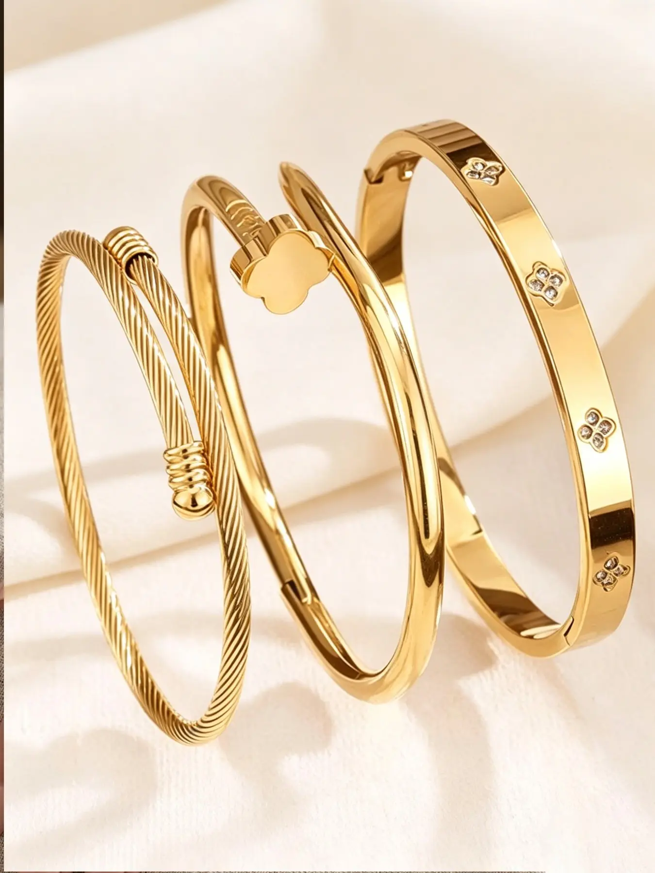 3-piece elegant and stylish classic bangle bracelet set, made of 304 stainless steel, suitable for daily wear and parties, Valentine's Day gifts, all-season accessories, Stacking Bangles