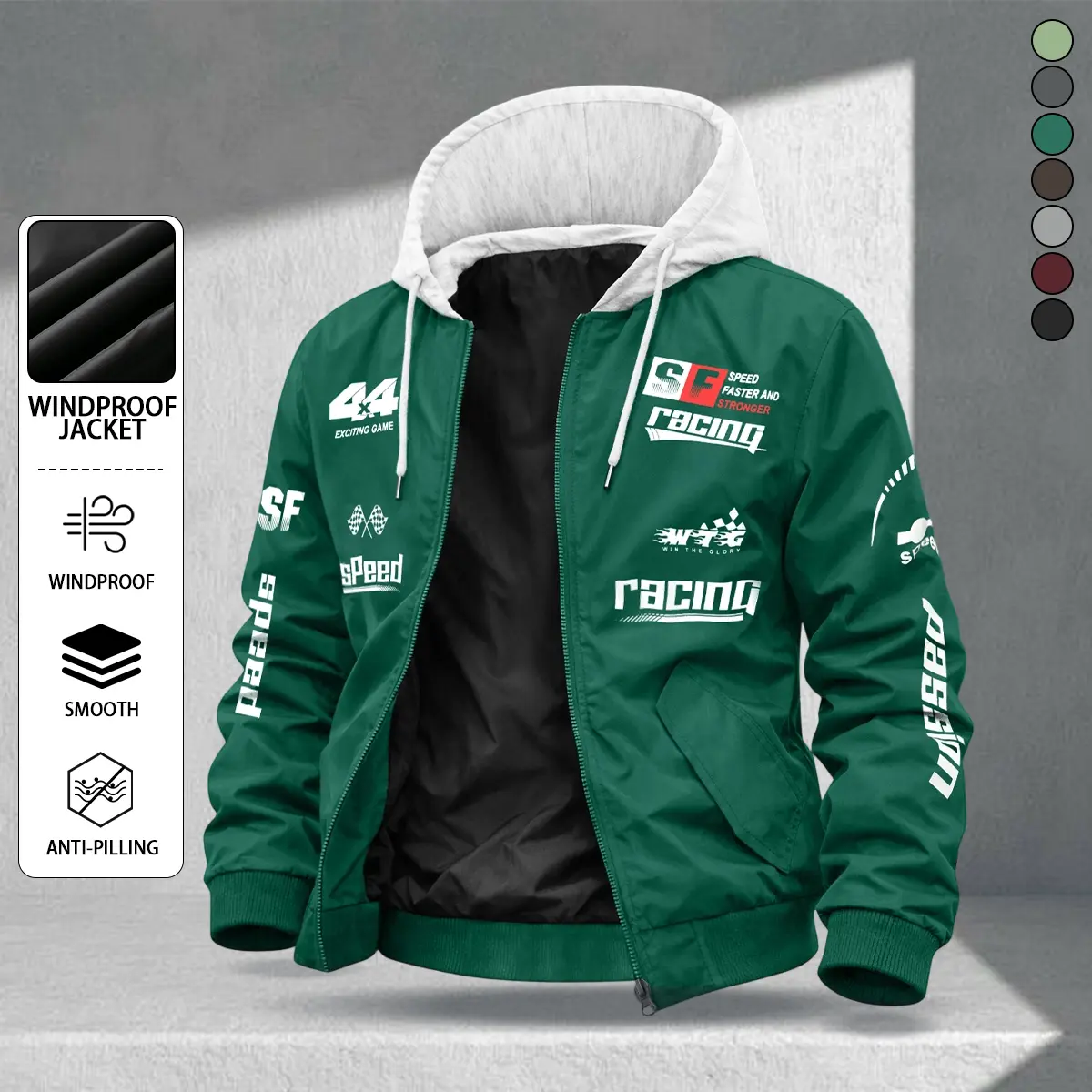 Stylish Men's Casual Hooded Jacket. Featuring a windproof and abrasion-resistant surface treatment, this jacket is the perfect choice for sporting events, street outings, racing-themed parties, everyday casual wear, and commuting.   Long Sleeve Graphic