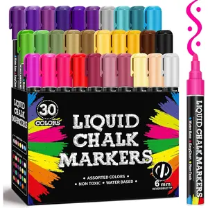 30 Colors Liquid Chalk Markers, Dust-Free Erasable Pens for Blackboards, Chalk Markers for Chalkboard, Windows, Glass, Mirror,  Dry Erase Board, 6mm Reversible  & Chisel Tip