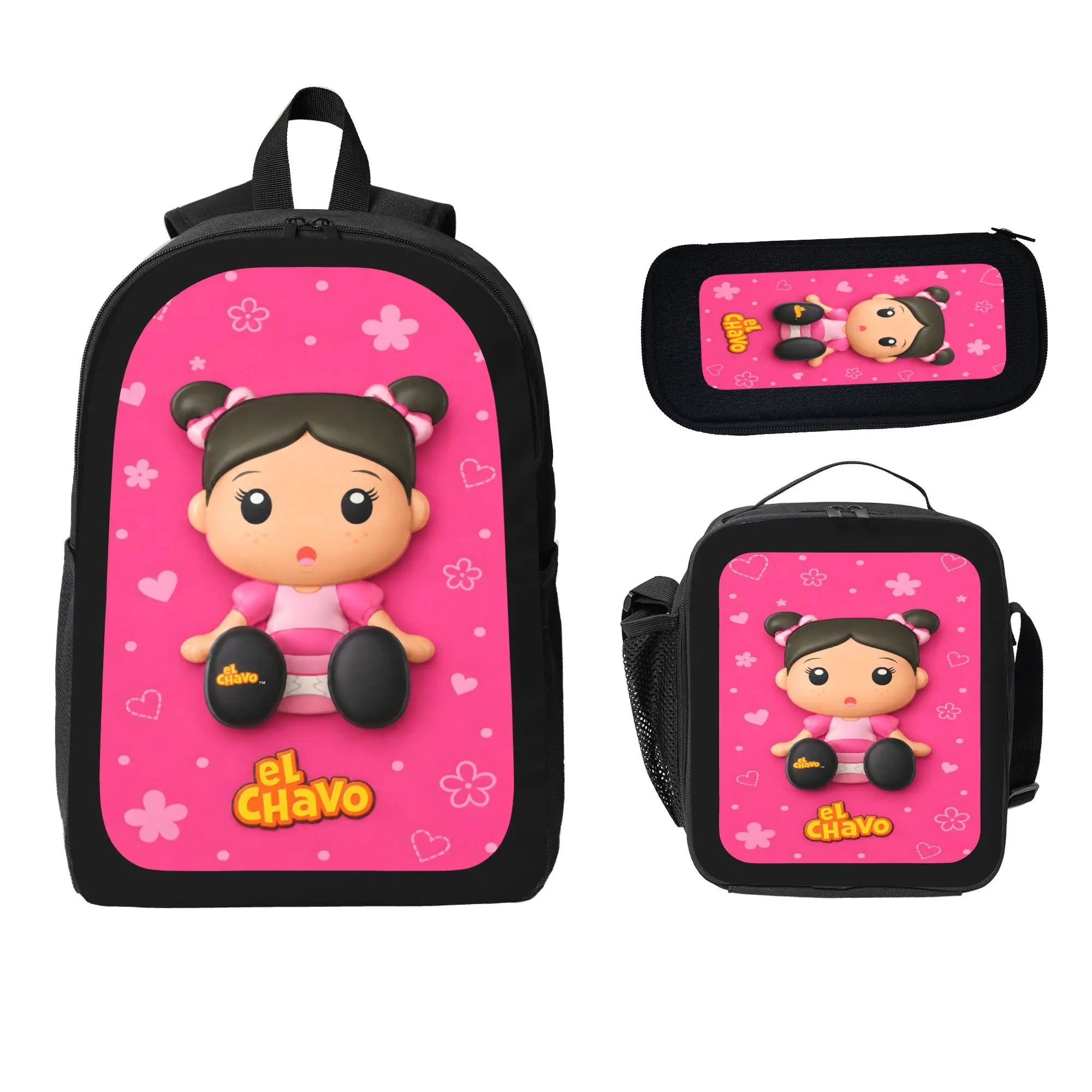 Fashion El Chavo Backpack Large Capacity Commuter Bag Cartoon Casual Backpack Set 3 pc Backpack Lunch Bag Pencil Case Laptop Daypack Travel School Bag Unisex Durable Back To School Gift Summer Backpack Set-2D