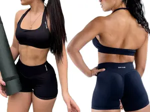 DFyne Impact Halter Neck Women's Workout Set - High-Waisted Peach Hip Shorts with High Stretch Tummy Control & Butt Lifting Quick-Dry for Yoga Gym & Fitness