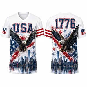 USA Patriotic V-Neck Sports Shirt for Men Women, USA Eagle 1776 City Skyline Graphic Tee, White Red Blue 4th of July Athletic Top