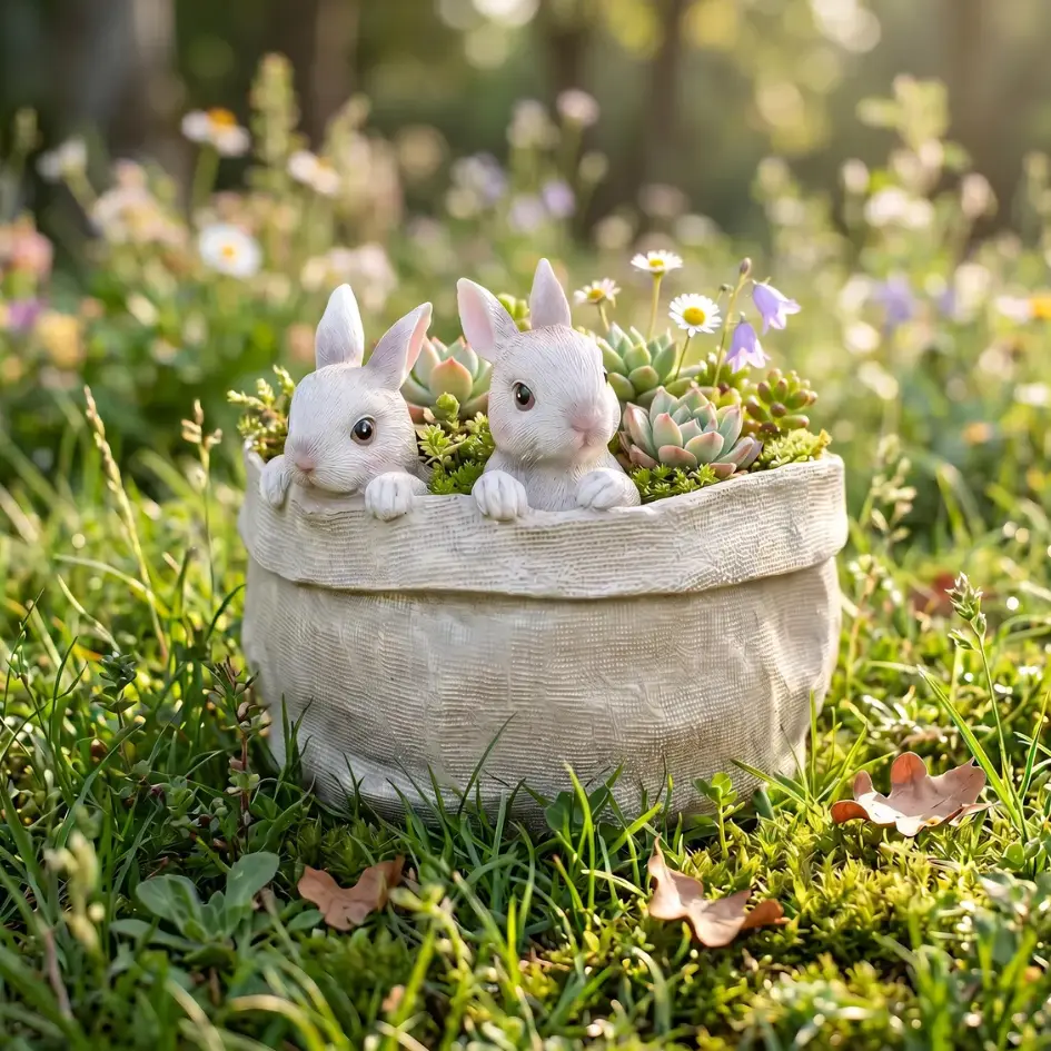 2-Rabbit Sack Basket Hollow Basin Resin Succulent Planter Pot with Drainage - Aesthetic Home Patio Decor, Rabbit Lover Gift (Home Improvement Garden Supplies)