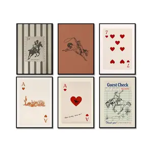 Vintage Western Cowboy Poster Set of 6, Southwestern Wall Art Playing Card Canvas Prints Mid Century Striped Western Wall Decor Paintings for Bedroom Living Room Dorm Unframed