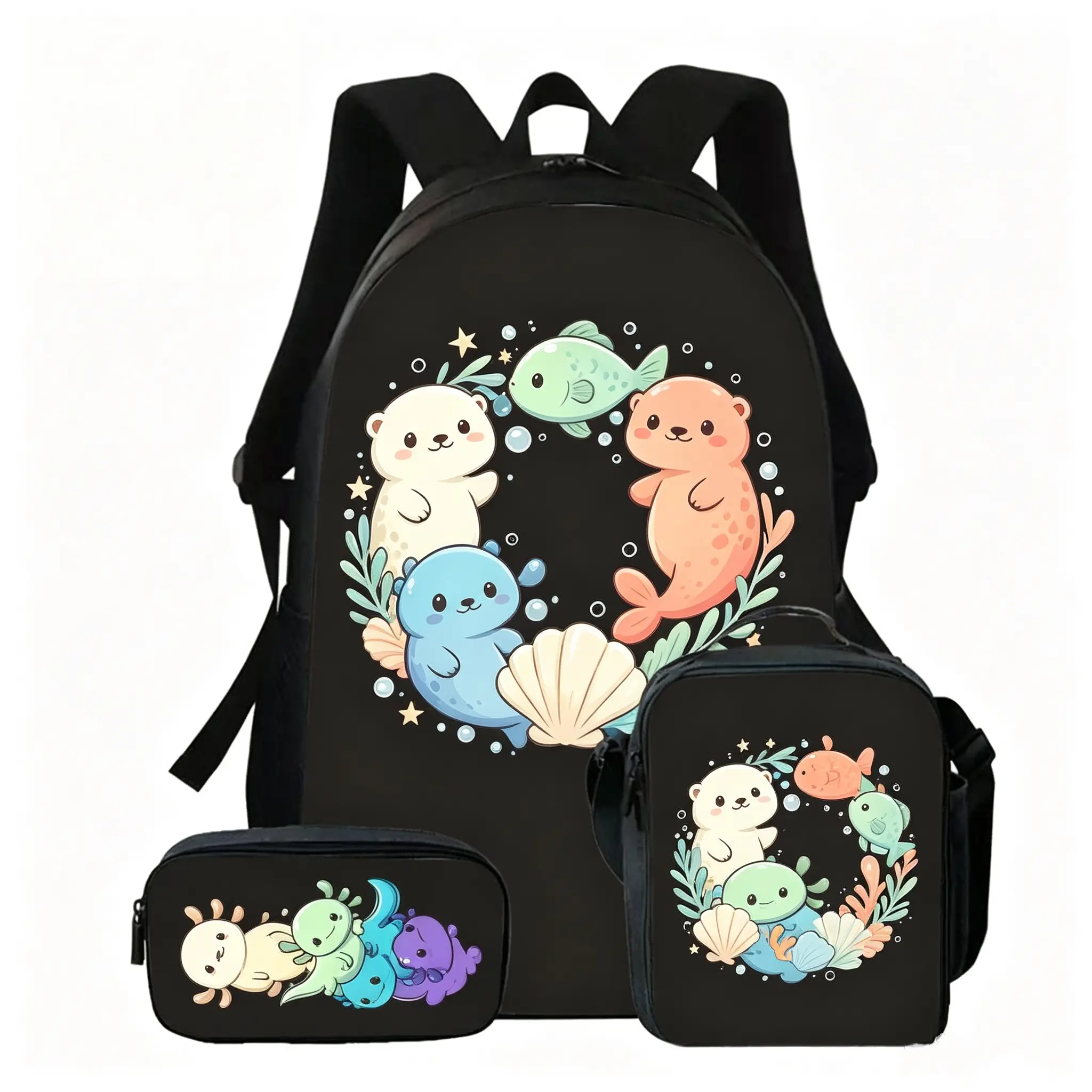 Girls' 3-in-1 Kawaii Ocean Marine Animal Backpack Set - Back to School Haul, Lightweight Water-Resistant Polyester, Insulated Lunch Bag, Matching Axolotl Stationery Pencil for Elementary Sea Creature Fans, Matching Lunch Bag and Set Backpacks