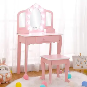 Princess Vanity Set for Toddlers - Kids Vanity with 3 Mirror & Light, and Stool Makeup Vanity with Lights and Storage Drawer