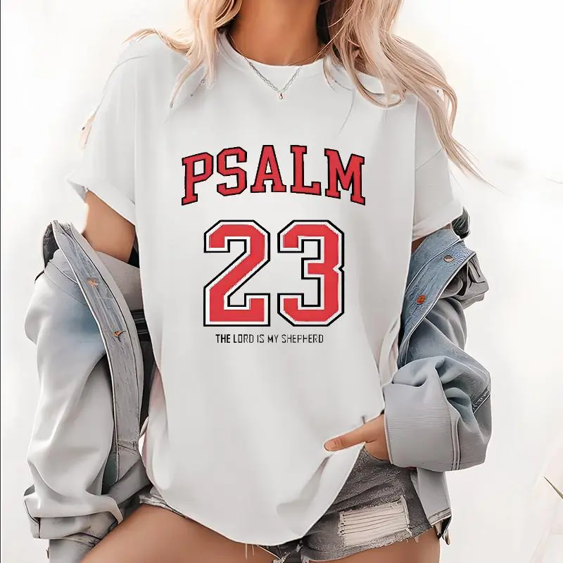 Women's 100% Polyester Loose Short Sleeve T-Shirt - Round Neck, Minimalist Psalm 23 & Geometric Digital Prints, All-Season Comfort, Everyday Top for Outdoor Activities | Women's Tops, Shortsleeve, Tshirt
