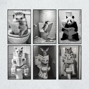 Funny Bathroom Wall Decor Black and White Animal Bathroom Picture for Wall Hedgehog Sitting on Toilet Reading Newspaper for Restroom Wall Decor