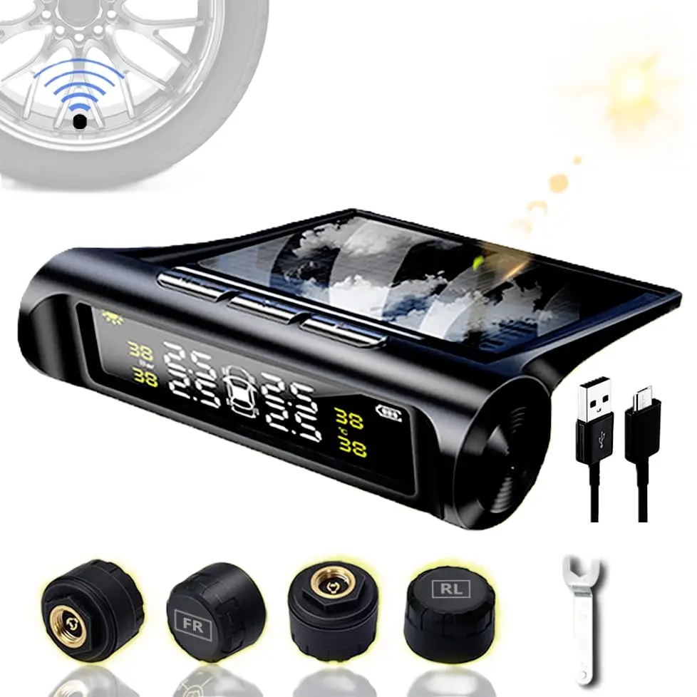 TPMS Tire Pressure Monitoring System with 4 External Sensors LCD Display Solar Power Wireless Car Alarm System 0-50psi Universal Compatibility Automotive Scan Tool Diagnostic Scan Tool