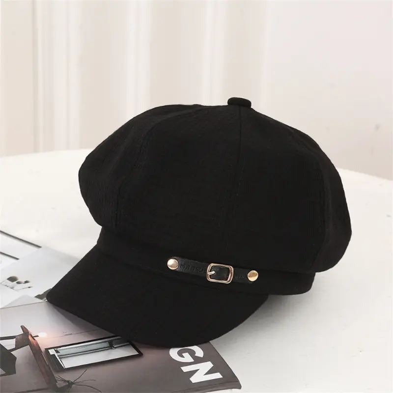 Women's Beige Polyester Knit Beret with Golden Buckle, a Warm Female Artist Cap with Elasticity for Casual Autumn-Winter Style, Dry Clean, Elastic Fit, Warmth, Hand Wash Only, No, Yarn-Dyed, One Size