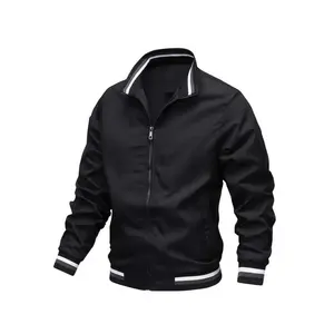 Stripe Edge Bomber Jacket, Men's Casual Stand Collar Zip Up Jacket For Spring Summer Outdoor