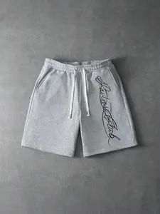 Men's Loose Drawstring Sports Shorts, Vintage Handwritten Embroidered Light Heather Grey Shorts, Suitable for Street Style and Summer Daily Wear