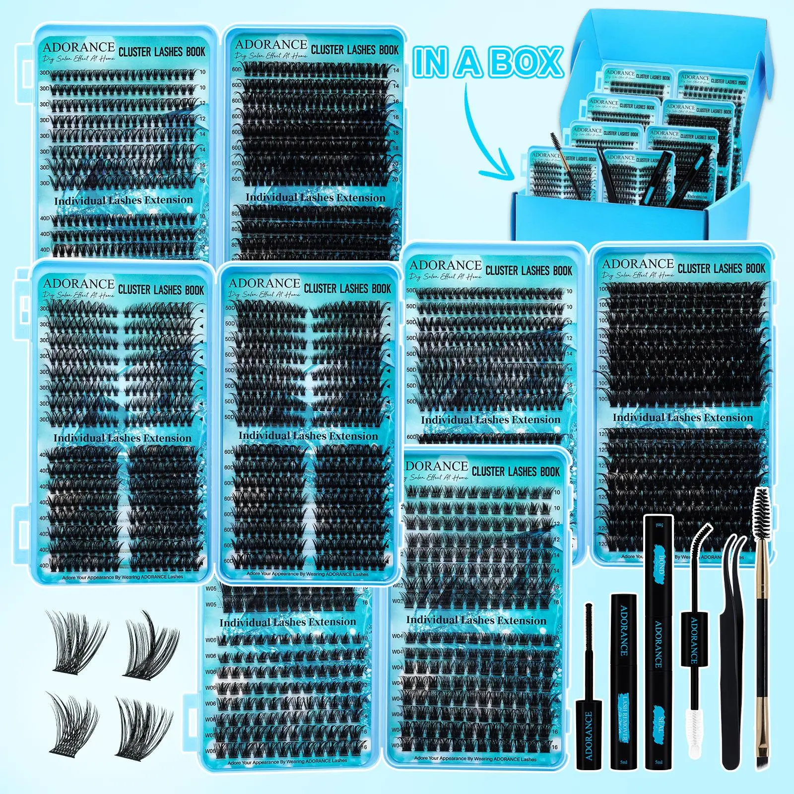 Mixed Length Individual False Eyelashes Kit, 1 Box Volume Individual Lashes, Fluffy Cluster Lashes, Wispy Lashes Kit with Bond & Seal, Lash Remover, Tweezers and Brush for DIY At Home, Makeup