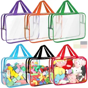 6 Packs 11.8x8.7x3.9In Large Clear PVC Reusable Zipper Toy Storage Bags with Labels, Waterproof Travel Organizer for Building Blocks Puzzle Kids Books Stationery