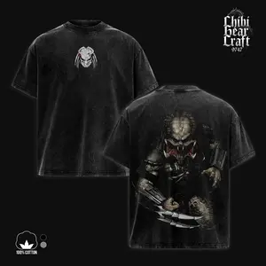Predator Shirt Yautja Unmasked Alien Hunter Wristblades Tri Laser Target Hyper Realistic Cinematic Art Vintage Washed Oversized T-Shirt Hoodie Sci-Fi Gore Action Movie Graphic Tee Faded Dark Sepia Streetwear Merch Gift For Movie Fan Clothes