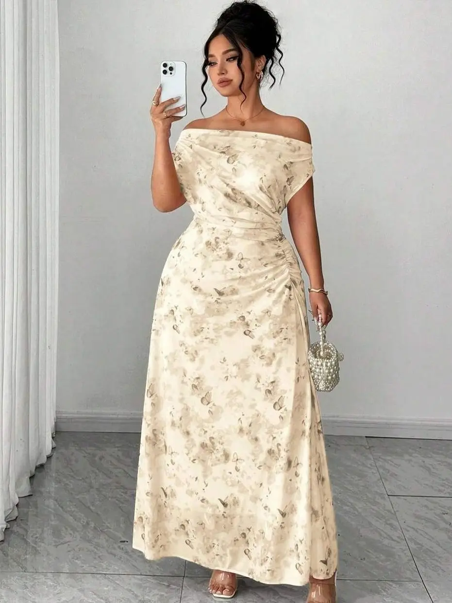 Plus Size Elegant Date Night Party Off-Shoulder Cinched Waist Flattering Floral A-Line Maxi Dress