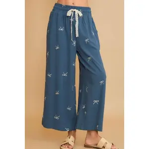 Umgee Full Size Lace Drawstring Embroidered Bow Wide Leg Pants Plus Size