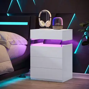 Nightstand with LED Lights,Modern Night Stand with 4 Drawers,Large Capacity,Multi-Color LED Lights,End Side Table for Bedroom，White