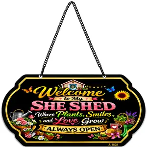 Welcome to My She Shed Sign, 10 x 5 Inch Aluminum Metal Hanging Sign with Chain, UV Printed Weatherproof She Shed Decor Plaque for Garden, Greenhouse, Patio, Porch or Front Door