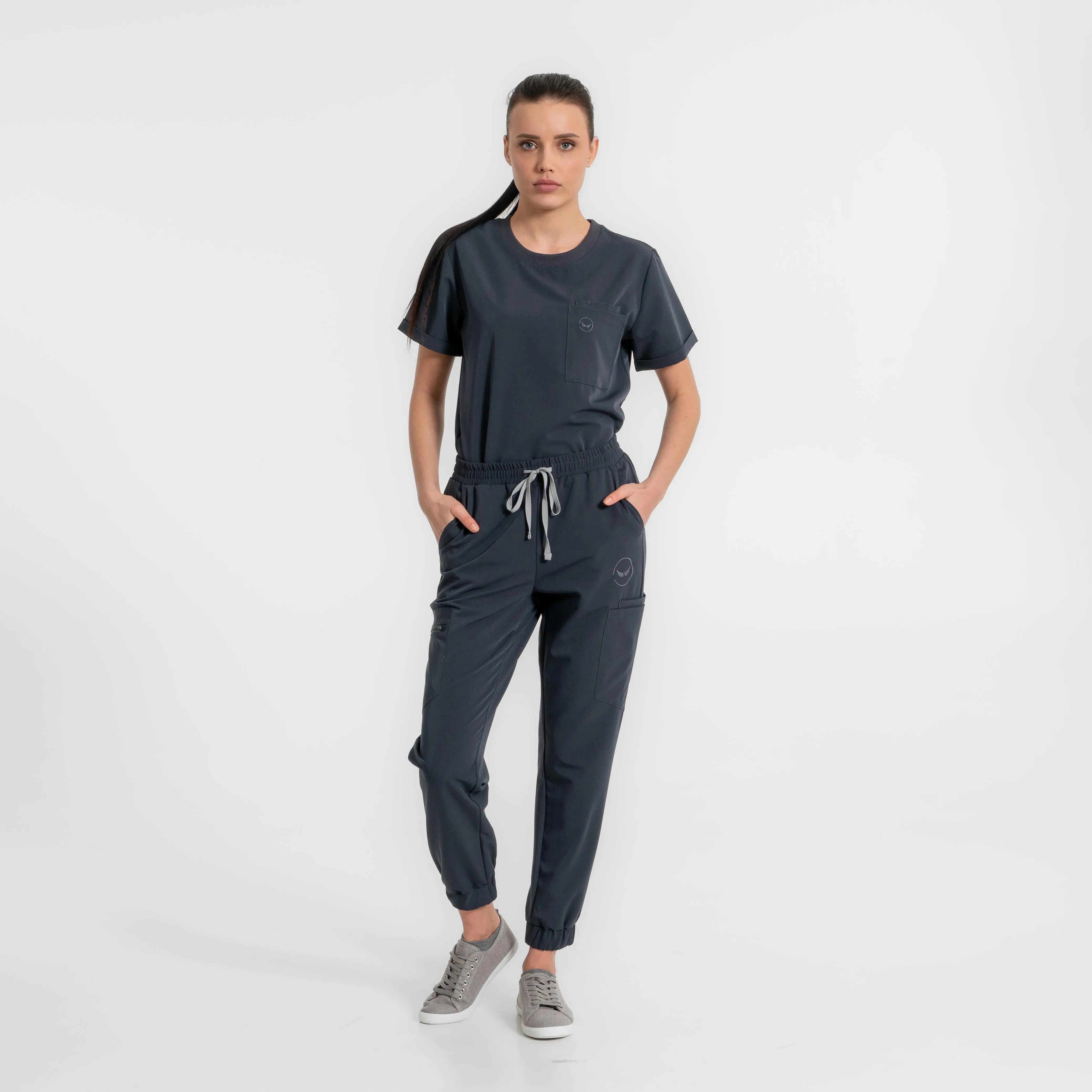 Woman's Modern Crew Neck Scrub Top and 7-Pocket Jogger with Stethoscope Holder