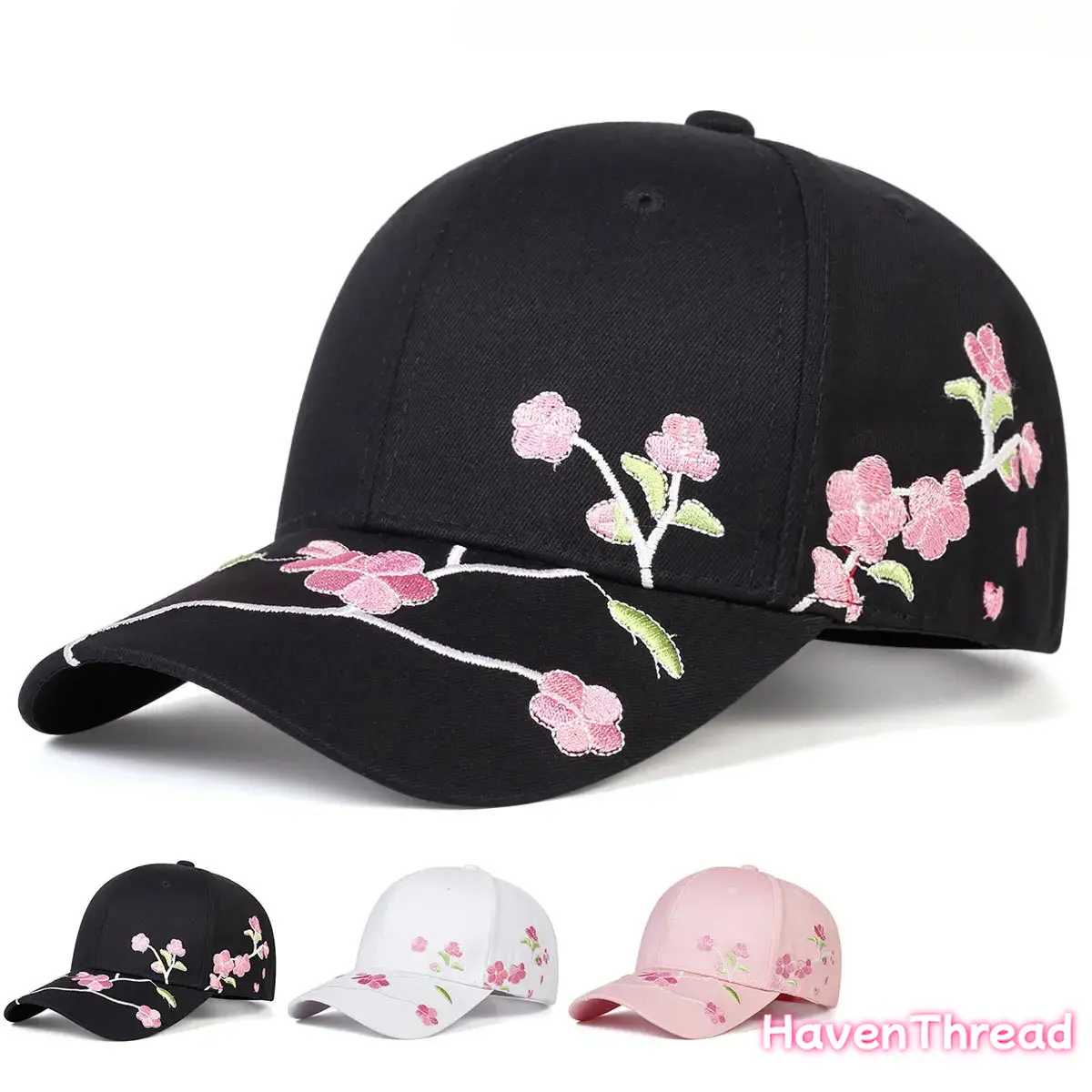 Women's Korean-Style Baseball Cap, Hats for Women, New Spring-Summer Collection Versatile Stylish Peaked Hat with Embroidered Peach Blossom Design Black Hats Adjustable Caps,summerwins