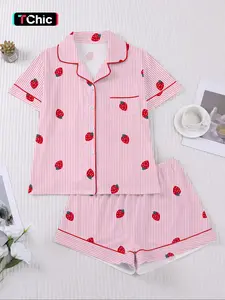 Women's Casual Fitted Sleepwear Set, Short Sleeve Open Front Top & Elastic Shorts, All-Season Home Wear, Loungewear, Fun Strawberry Print, Pajama Pjs