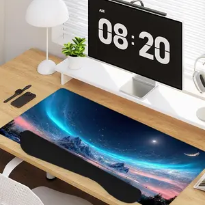4 - in - 1 Dreamy Starry Sky Aurora Large Gaming Mouse Pad + Keyboard Wrist Rest + Mouse Pad with Wrist Support + Coaster Set with Ergonomic Design for Home Office Table Computer, Rubber Base Mousepad with Stitched Edges, Easy Typing Pain Relief