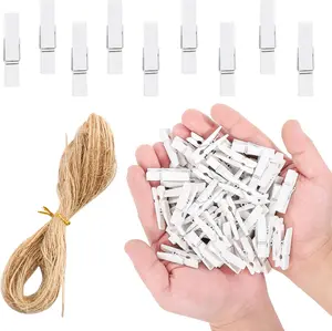 Mini Photo Clips, 100pcs Clothes Pins for Photos, White Wooden Clothespins with Jute Twine, Small Clothes Pins Tiny Clothespins for Photos, Crafts, Pictures