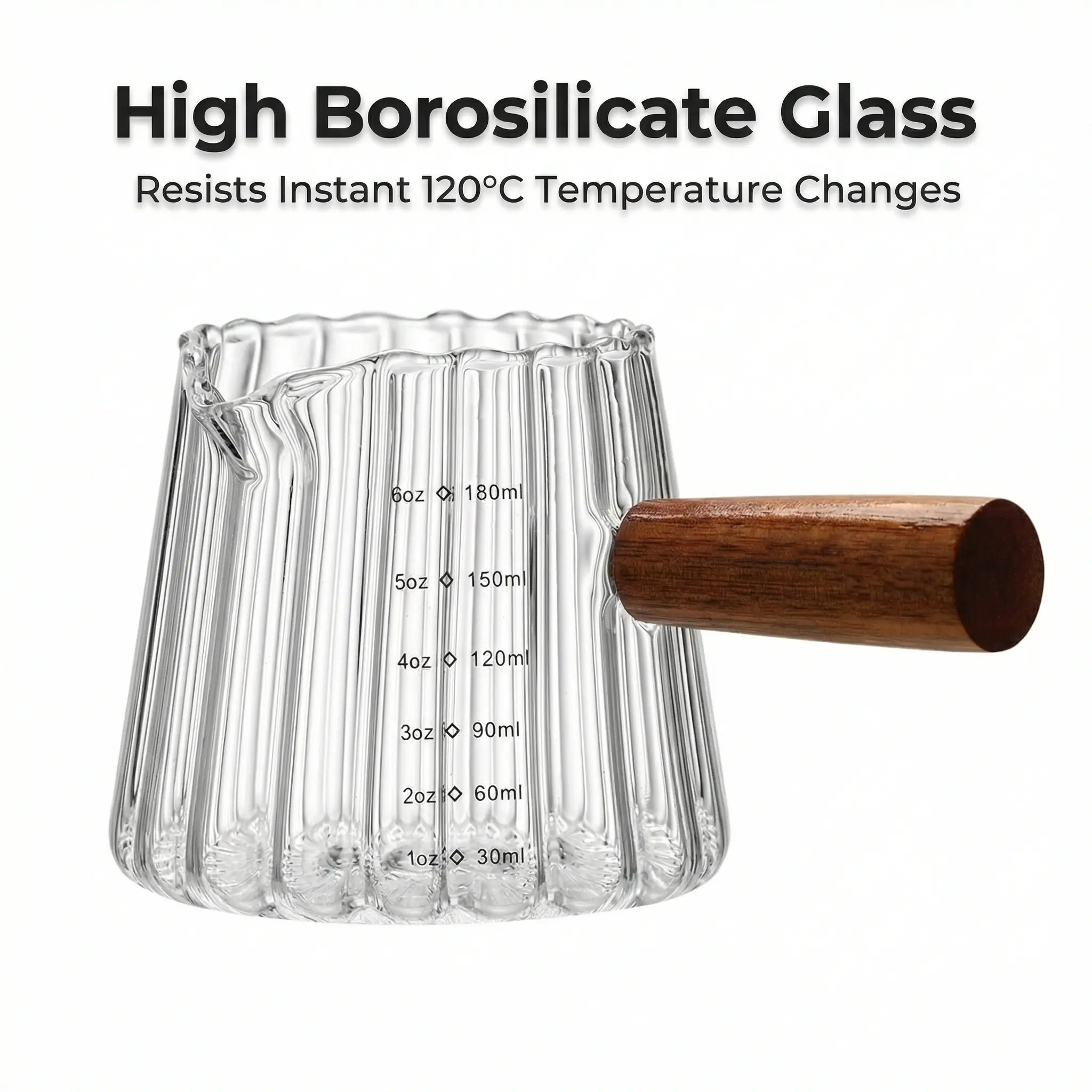 Fluted Glass Espresso Shot Pitcher with Wooden Handle, 6oz / 180ml Heat-Resistant Measuring Creamer Cup with V-Spout for Coffee & Milk