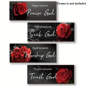 4-Piece Frameless Red Bathroom Decor Set - Inspirational Bible Verse Wall Art with Rustic Flower Design for Home, Office, and Bathroom | Vintage Faith-Based Decor | Perfect Valentine's Gift | Wall Decoration | 4x11.81 Inches | Unframed Wall Art