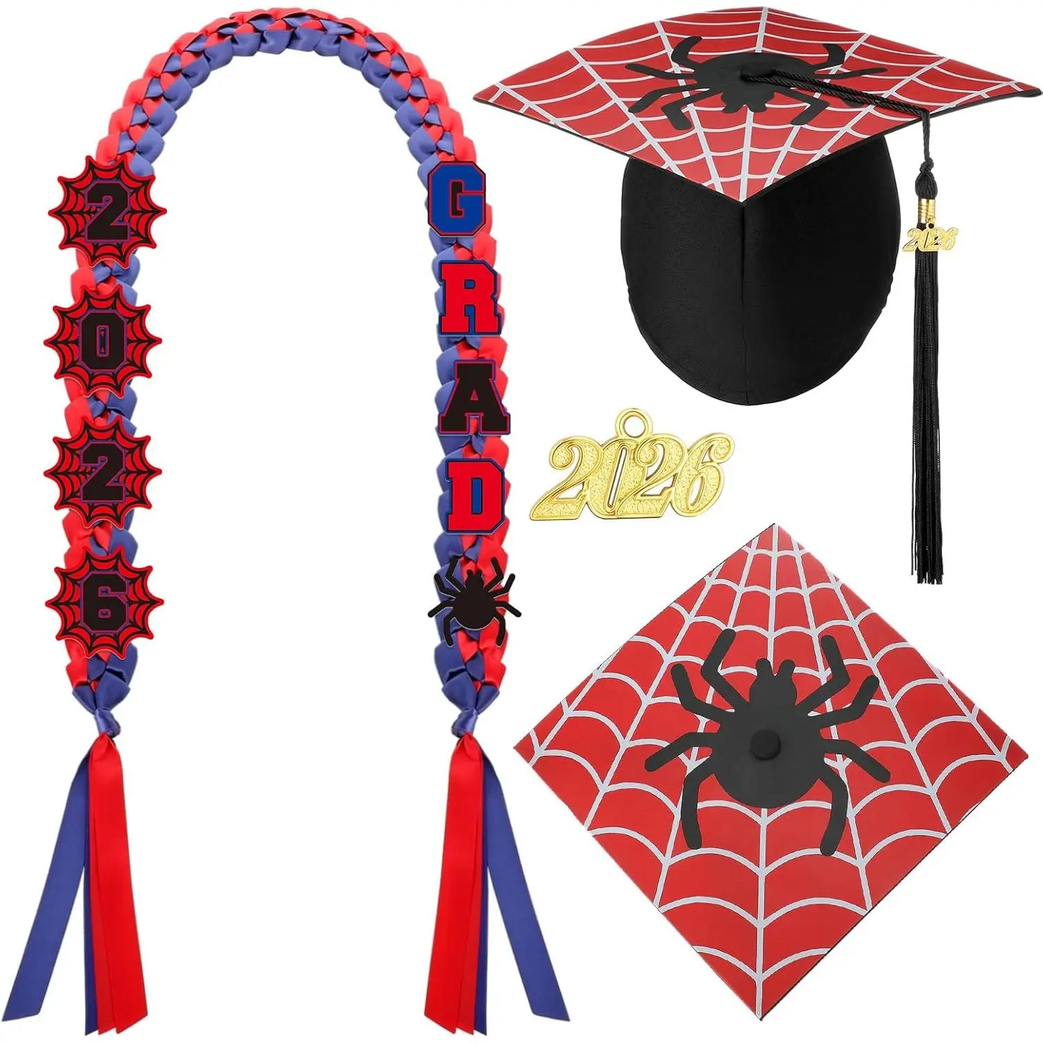 Dunzoom 11 Pcs Spider Graduation Ribbon Lei with Cap Class of 2026 Spider Graduation Lei Red Printed Grad Hat for 2026 High School College Graduate Gifts Grad Celebration Party Supplies