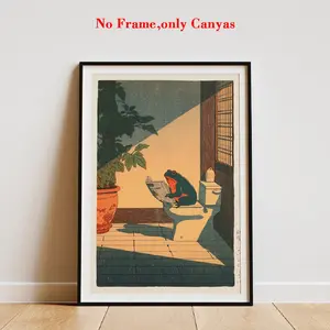 Abstract Canvas Wall Art Poster, Japanese Frog Print, Canvas Prints, Hasui Kawase Style, Fun Bathroom Decor, Modern Home Decor, Art Wall Decoration, Moving Gift, Unframed