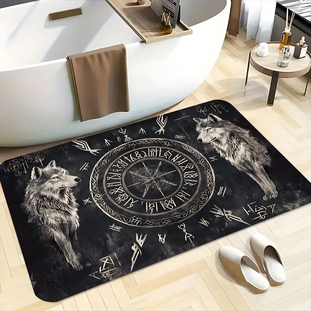 Mysterious Viking Rune Wolf Bathroom Mats, Decorative Rug, Bathroom Carpets, Bathroom Highly Absorbent Floor Mats, Anti-slip Quick-drying Soft Carpets, Suitable for Multi-scenario Shower, Outdoor Door Mats, Gifts for Family, Bath Rug