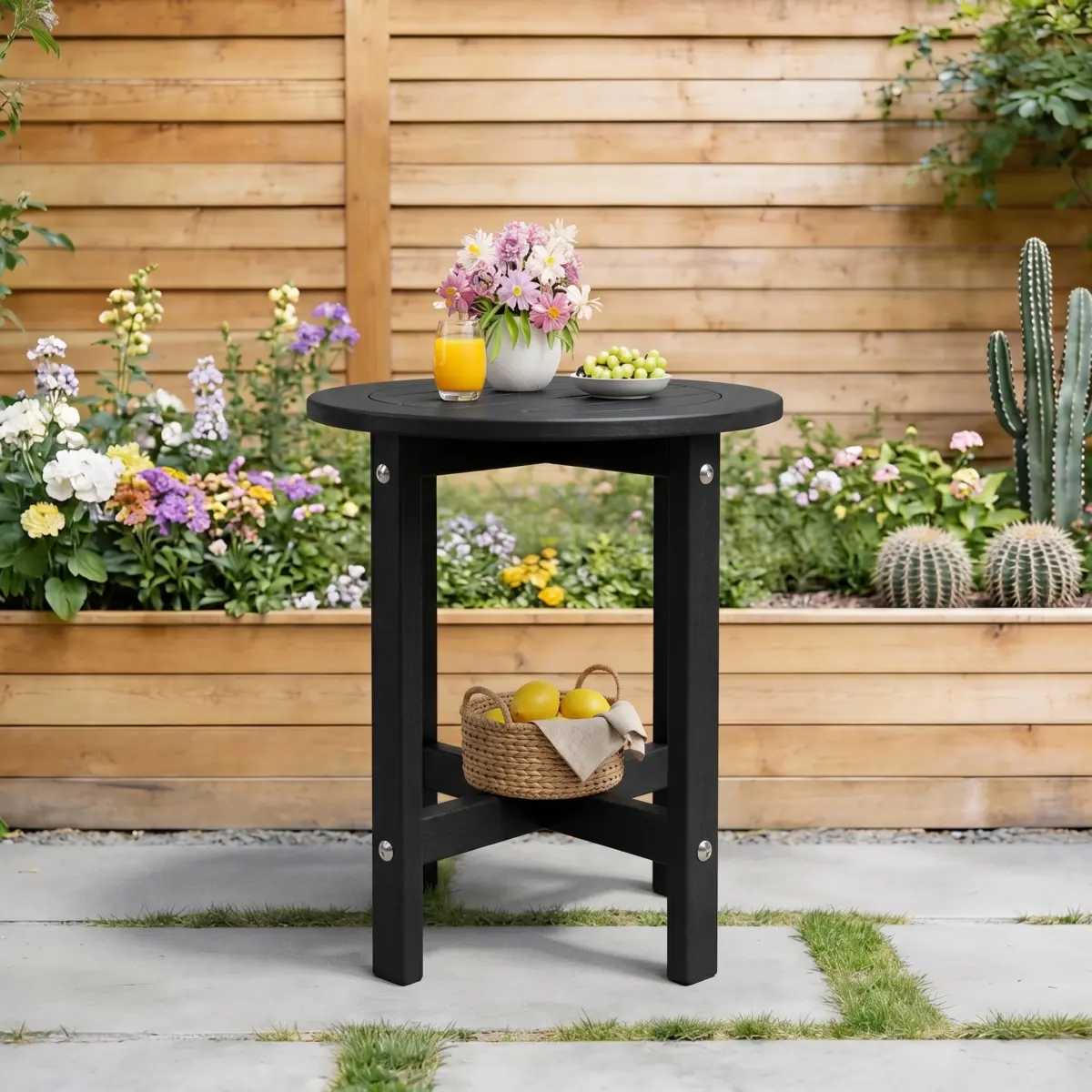 Black HDPE Outdoor Side Table, 15.94 in.L x 15.94 in.W x 17.71 in.H, Small All-Weather Patio End Table    RR