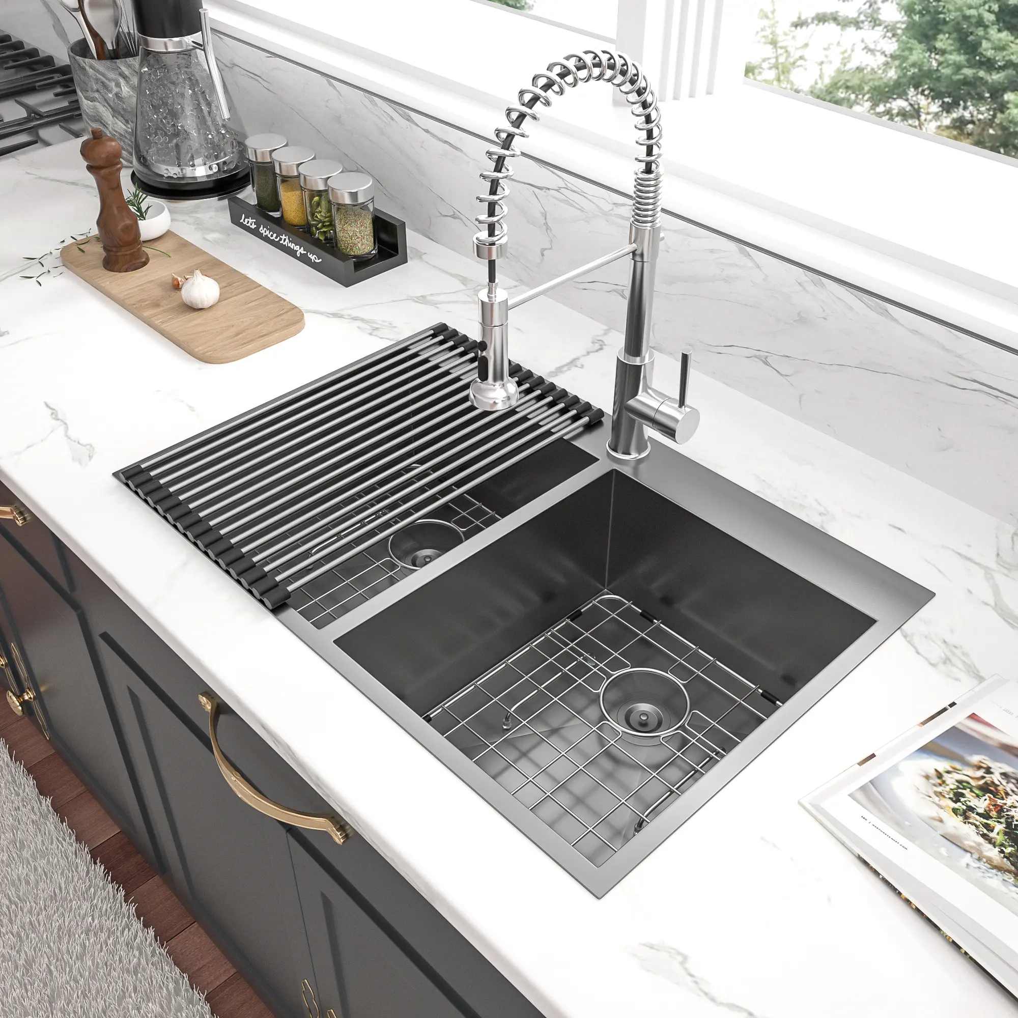 Sarlai Traditional 33x22 In 16-Gauge Stainless Steel Gunmetal Black Drop-In Topmount Kitchen Sink, 50/50 Dual Bowls