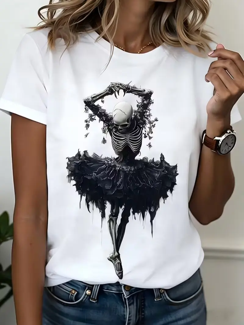 Gothic-style skull ballerina T-shirt—a pure cotton, short-sleeved crew neck featuring a black tutu and skeletal design; a casual Gothic piece perfect for Halloween, machine-washable, and ideal for themed looks.