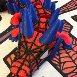 Mini 3d Printed Spider and Symbiotic Dragons Articulated Toys with Red Blue Accents and Spider Web Design Decor