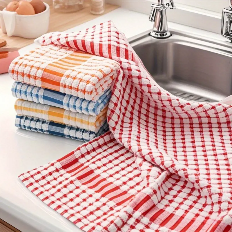 10pcs large-sized checkered multipurpose cleaning cloths - Available in multiple colors: red, blue, yellow, orange. Water-absorbent and durable polyester kitchen towels, Dish Towels Rags, suitable for various scenarios: kitchen, outdoor, car and bathroom.