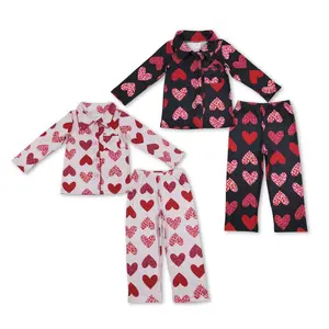 Girls' 2-Piece Long Sleeve Heart Print Valentine Theme Matching Pajama Sets, Extra Warm Multi-Size Kids' Sleepwear for Chilly Nights, Matching Sets, Extra Warmth