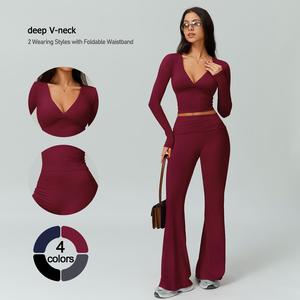 TIMEOFF Women's 2-Piece High Stretch Sporty Activewear Set - Long Sleeve Plunging V-Neck Top, Flipped Waist High-Waist Flared Leggings - Gymswear, Fitness Sport Outfits, Athleisure Wear Set for Yoga, Running, 2 Piece Sets, Workout Sets For Women