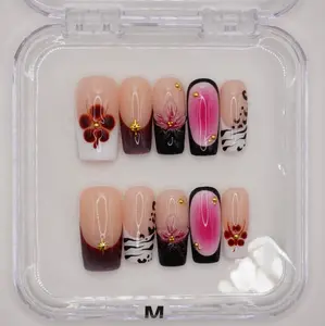 Pink Zebra — Zebra Print Coffin Press-On Nails, Burgundy Fade & Flower