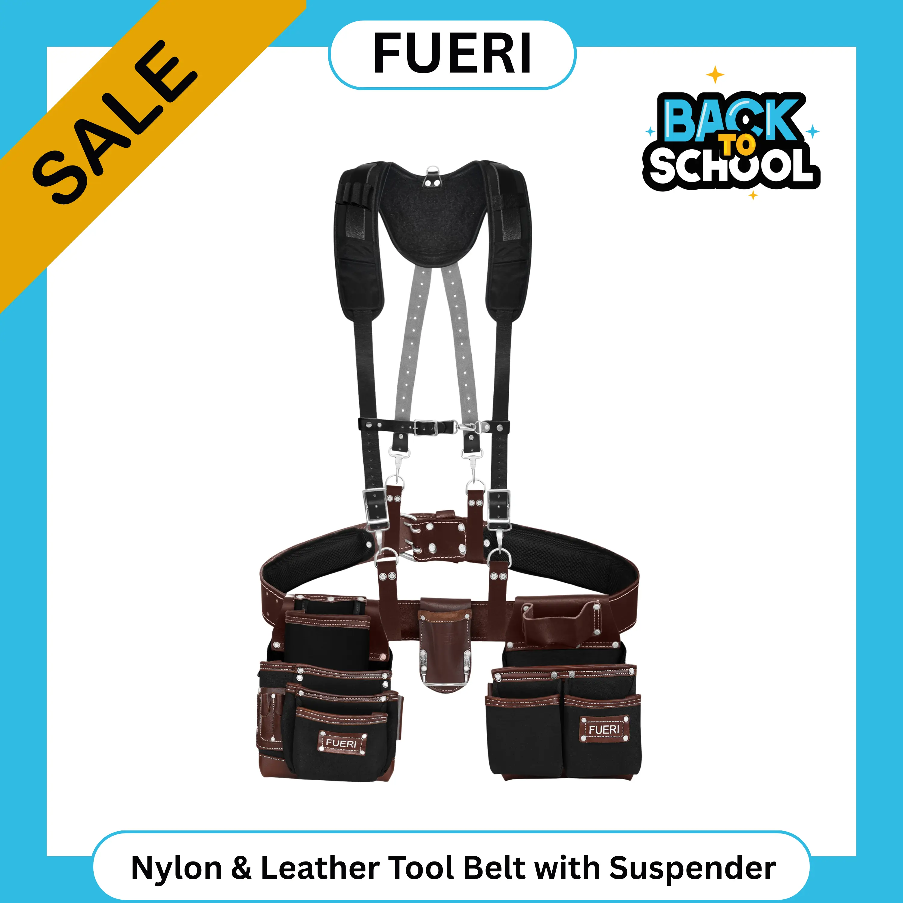 FUERI Nylon and Leather Tool Belt with Suspender comes with 19 Pocket with Adjustable Foam Padded Belt,Heavy Duty Pouches, 4 D-Loops, Leather Suspender and hammer holder for Carpenters & Electricians campingessentials