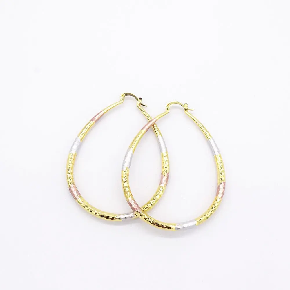 High Quality Statement Earrings - 18 Karat Layered Real Gold Filled Tri-Color Oval Hoop Earrings #44, High Quality Earrings