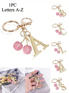 Advanced And Elegant Gold Letter Keychain With Pink Cherry, Three-Dimensional Pendant Of Letters A-Z, Handbag And Backpack, Heavy Initial Keychain Gift, Accessories For Girls' Wallets, Couple Gift, Classic And Simple Keychain, Decoration, Bag Accessories,