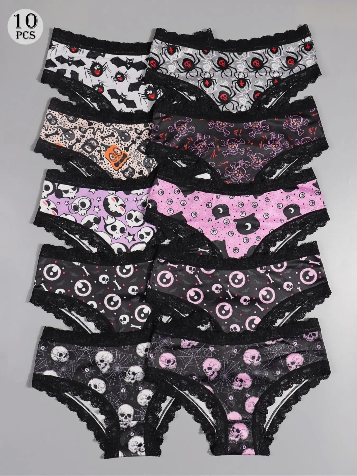 Morvia 10pcs Sexy Gothic Panties for Women, Lingerie Underwear, Sexy Emo Grunge Contrast Lace Hipster Briefs, Cute Dark Punk Style Intimates, Lace Fitted Panty, Comfy Cotton Briefs Pack