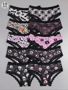 Morvia 10pcs Sexy Gothic Panties for Women, Sexy Emo Grunge Contrast Lace Hipster Briefs, Cute Dark Punk Style Intimates, Comfy Cotton Briefs Pack, Trim Lace Panty